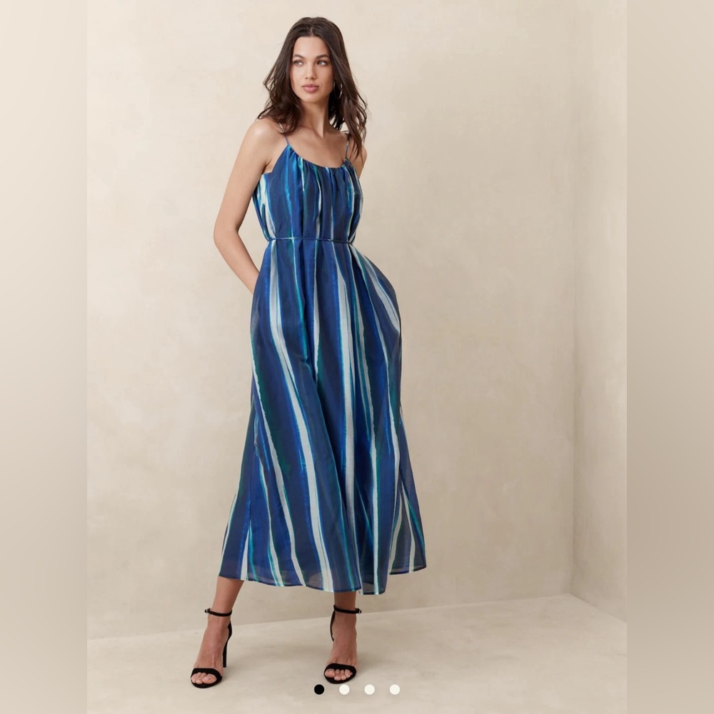 NWT Organza Tie Waist Blue Stripe Dress - Small